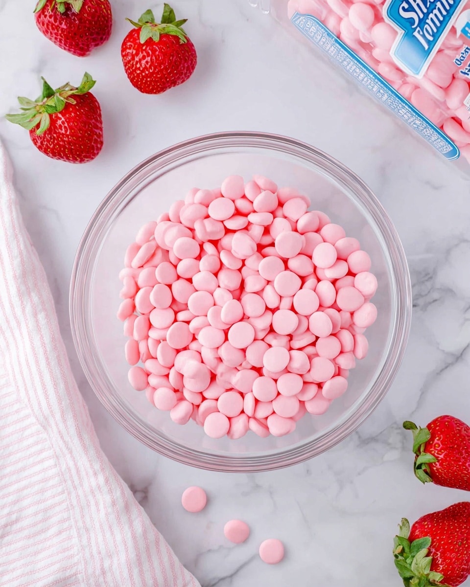 A clear glass bowl filled with many small, round, pink candy wafers sits on a white marbled surface. Around the bowl, there are fresh red strawberries with green tops, some placed near a white and light pink striped cloth on the left side. In the upper right corner, part of a pink frosting container with blue and white labeling is visible. The scene is bright and clean, with soft natural lighting. photo taken with an iphone --ar 4:5 --v 7