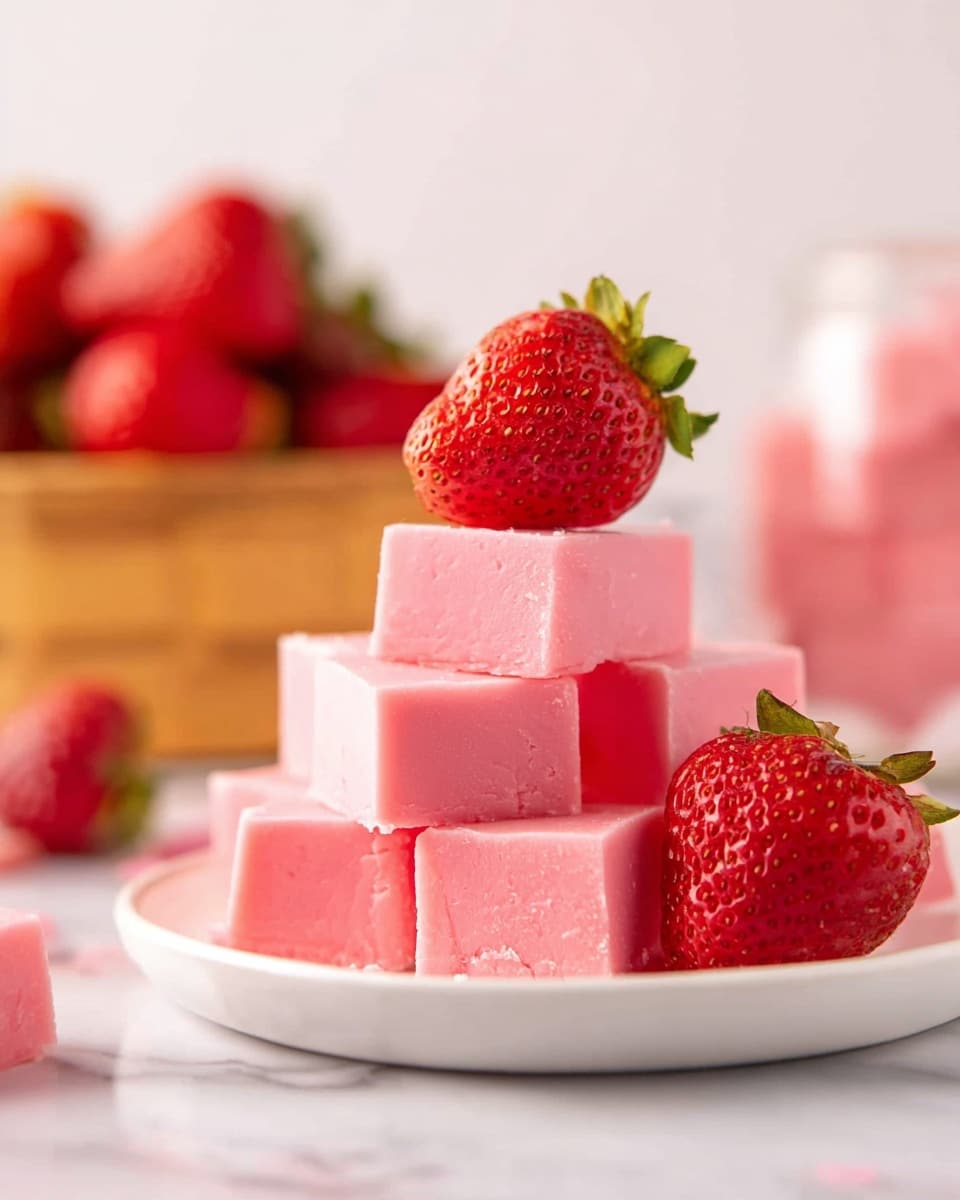 A white plate on a white marbled surface holds a stack of smooth, pink fudge squares arranged in two visible layers: a bottom layer of several pieces and a top layer with fewer pieces, neatly stacked. On top of the highest pink fudge square is a bright red strawberry with a green stem. Another strawberry sits in front of the plate at the base of the fudge stack. In the background, there is a wooden basket filled with more red strawberries, slightly out of focus. The scene is brightly lit, emphasizing the creamy texture of the pink fudge and the fresh look of the strawberries. Photo taken with an iphone --ar 4:5 --v 7