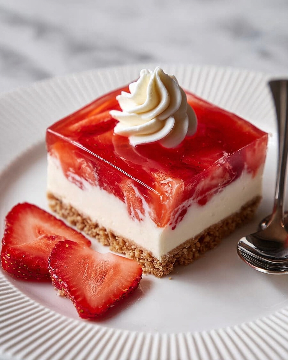 The dessert has three clear layers on a white plate with a ridged edge, placed on a white marbled surface. The bottom layer is light brown and crumbly, like a biscuit or cake base. The middle layer is thick and creamy white, smooth in texture. The top layer is a shiny red jelly with pieces of sliced strawberries inside and on top. A small swirl of white cream decorates the center of the jelly layer. Three strawberry slices sit beside the dessert piece. A silver spoon rests near the dessert. Photo taken with an iphone --ar 4:5 --v 7