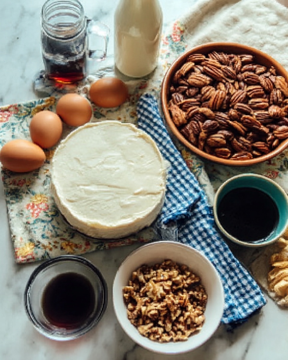 The image shows a table covered with a colorful cloth and a white and blue checkered napkin on top. On the napkin, there is a white round cake placed in the center. Around the cake, several dishes and ingredients are arranged: a bowl filled with many brown pecans on the upper right, a smaller white bowl with some chopped pecans closer to the front, three brown eggs to the left, a small glass jar with dark syrup or liquid near the back, and a small clear glass bowl with more dark syrup or liquid in the front. A bottle with white liquid is partly visible in the background. The whole scene is styled on a white marbled surface. The photo taken with an iphone --ar 4:5 --v 7