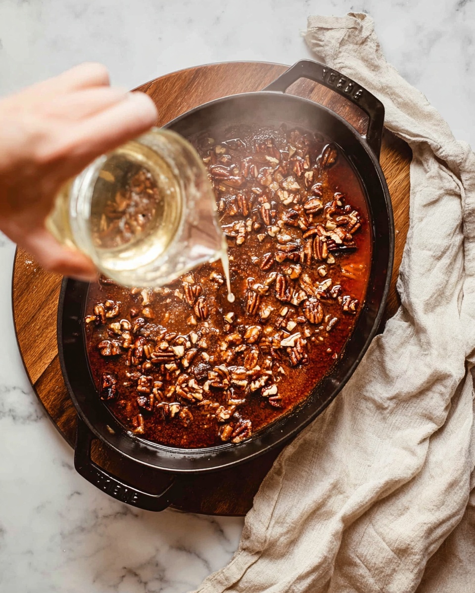 A black oval cooking pan filled with a rich, dark reddish-brown liquid mixed with pieces of chopped nuts scattered evenly on the top layer, sitting on a wooden board over a white marbled surface. A woman's hand is pouring clear liquid from a transparent measuring cup into the pan, creating steam that rises gently above the dish. To the side, there is a light beige cloth with visible soft folds, adding texture to the scene. Photo taken with an iphone --ar 4:5 --v 7