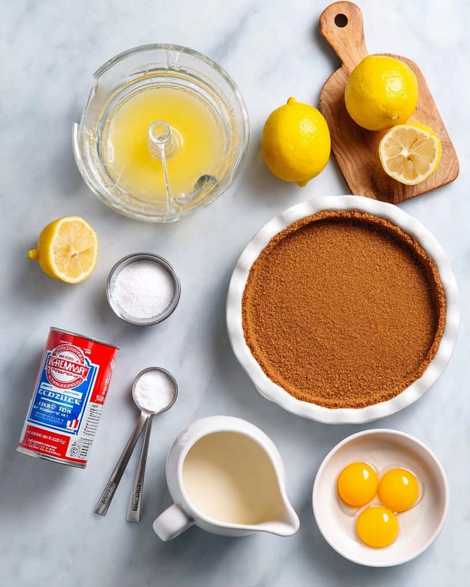 The image shows ingredients neatly arranged on a white marbled surface. There is a white plate with a brown crumb crust on the upper right side. Next to it is a clear glass lemon juice squeezer with fresh lemon juice inside, sitting on a small wooden board. There are two whole yellow lemons and one half lemon near the squeezer. In front of these, a red, white, and blue can of condensed milk is placed. To the left are two small white measuring spoons, one with white sugar and the other with salt. Below the can is a small white pitcher with a creamy liquid, and to its right is a small white bowl holding three bright yellow egg yolks. The composition is clean and well-lit, with each ingredient clearly seen. photo taken with an iphone --ar 4:5 --v 7