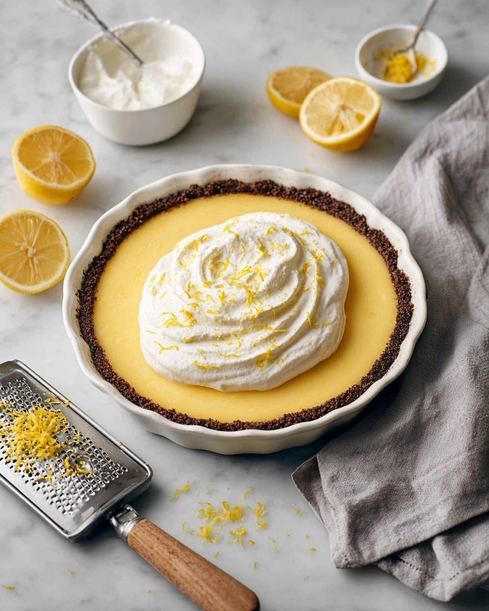 A lemon pie with three layers is shown on a white ceramic dish. The bottom layer is a dark, crumbly crust that edges the dish, topped with a thick, smooth yellow lemon filling covering the whole pie. On top, there is a generous, swirled layer of white whipped cream garnished with small bright yellow lemon zest sprinkles. Around the pie, there are a few lemon halves, one half slightly squeezed, a small white bowl with extra lemon zest, a metal grater with wooden handle covered in lemon zest, a white bowl with a spoon and white cream, and a soft grey cloth. The surface is white marble textured. photo taken with an iphone --ar 4:5 --v 7