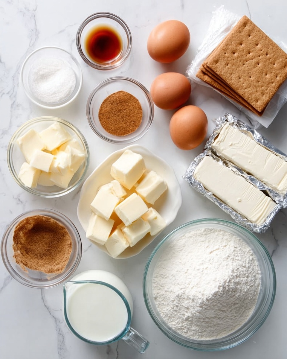 The image shows a white marbled surface with ingredients arranged neatly for baking. There are four blocks of soft white cream cheese in silver foil on the right. Below them, a large clear bowl full of white sugar is placed. To the left of this, a small clear bowl with a light yellow butter cut into cubes is visible. Above this, there is a small bowl with brown cinnamon powder. Three whole brown eggs are on the top center. To their left is a small glass bowl with vanilla extract, and above it, a white bowl with white salt. There are two brown graham cracker squares in an open wrapper positioned near the top left. Below, a clear measuring cup with light cream liquid and a small bowl of white flour complete the setup. Photo taken with an iphone --ar 4:5 --v 7