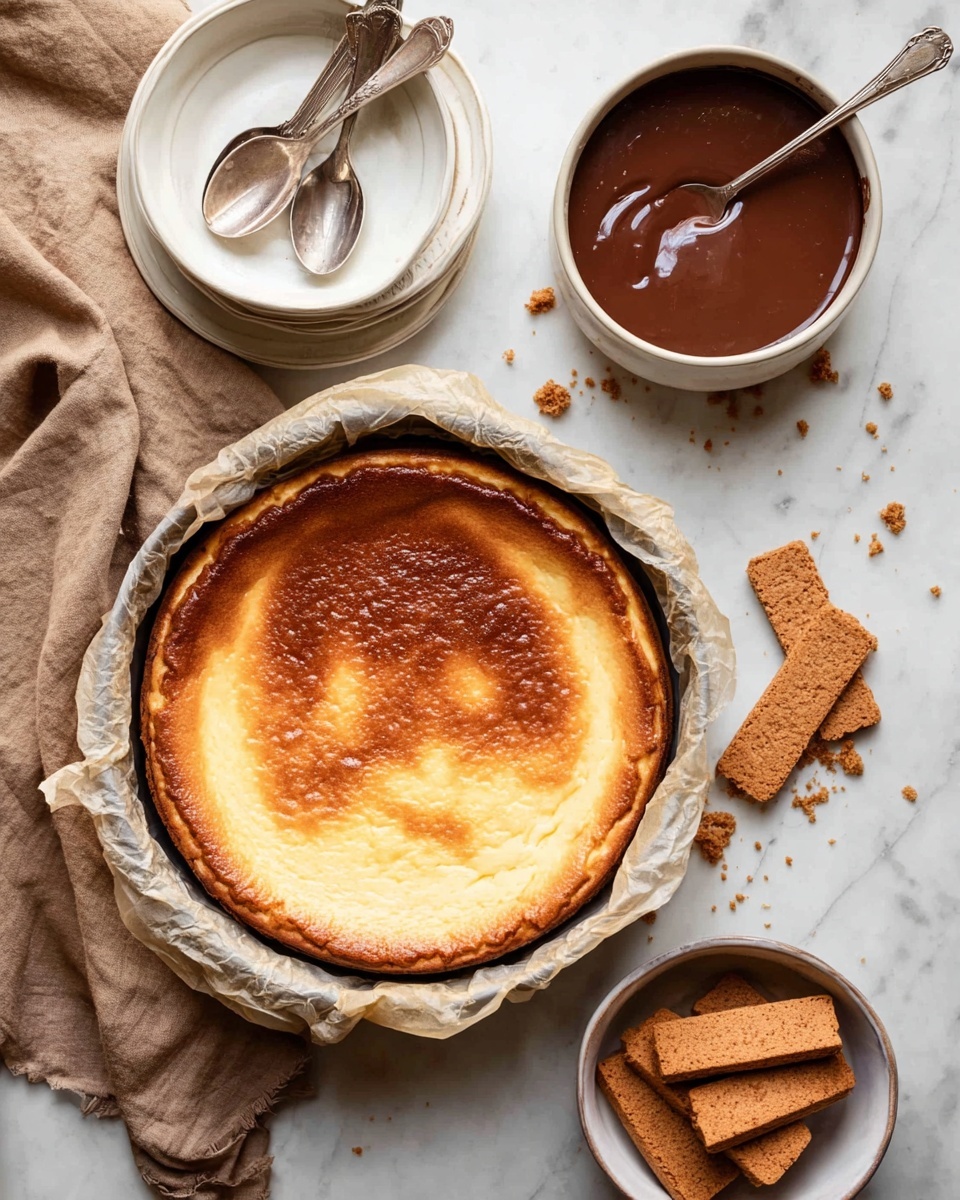 A golden brown baked cheesecake sits in a round tin lined with crumpled parchment paper, showing a slightly cracked and uneven top layer with darker brown edges. Nearby, a white bowl contains smooth, glossy chocolate sauce with a spoon resting inside it. Below that, another white bowl holds rectangular brown cookies stacked neatly, with some crumbs scattered around on a white marbled surface. A beige cloth is casually placed to the left, and above the cheesecake, a stack of white plates with two silver spoons on top adds a touch of readiness. photo taken with an iphone --ar 4:5 --v 7