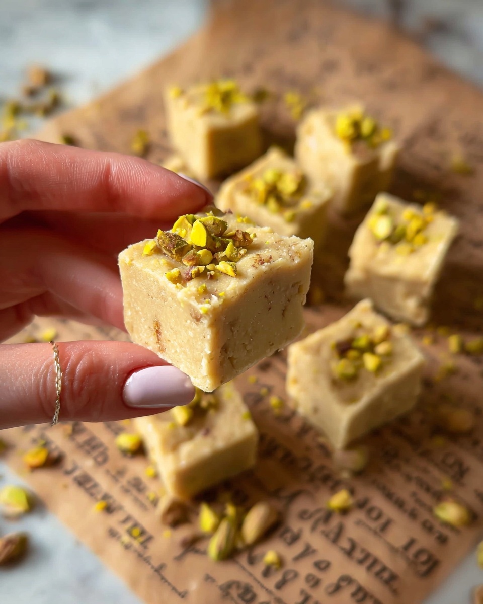 A close-up of a woman's hand holding a small square piece of light tan fudge that has a slightly rough texture and is topped with crushed yellow-green pistachio nuts. The fudge is one thick layer with visible bits inside, possibly nuts. In the background, several more squares of the same fudge are arranged on a sheet of brown parchment paper with text printed on it, scattered with small pieces of pistachios on a white marbled surface. Photo taken with an iphone --ar 4:5 --v 7
