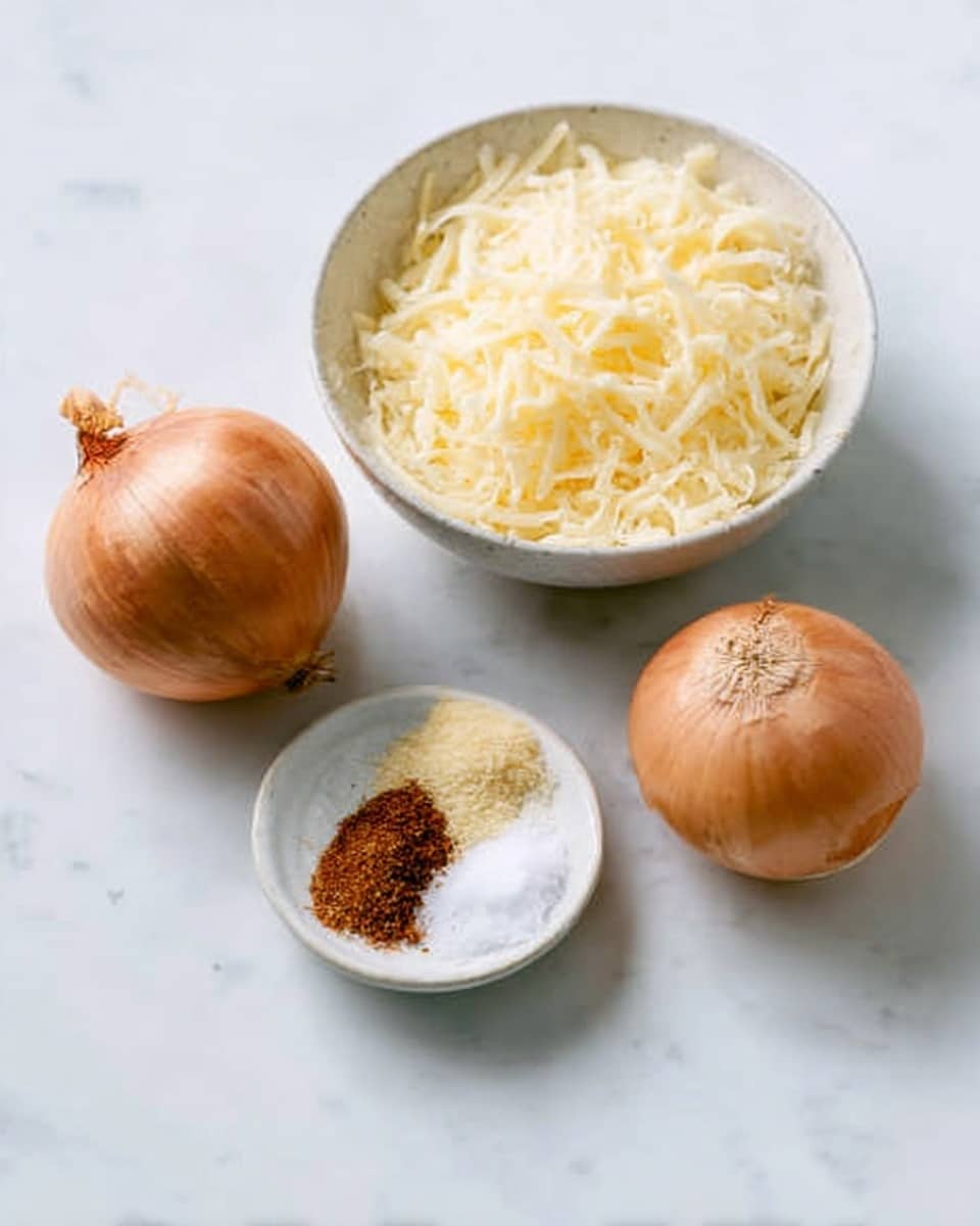 The image shows two brown onions placed on a smooth white marbled surface, next to a white bowl filled with shredded light yellow cheese. In front of the cheese bowl, there is a small white bowl containing three seasonings: a dark reddish-brown spice, a heap of white granulated salt, and a pale yellow powdered spice. The textures vary from the smooth and round onions, the soft and stringy cheese, to the fine powders and slightly coarse spice in the small bowl. Photo taken with an iphone --ar 4:5 --v 7