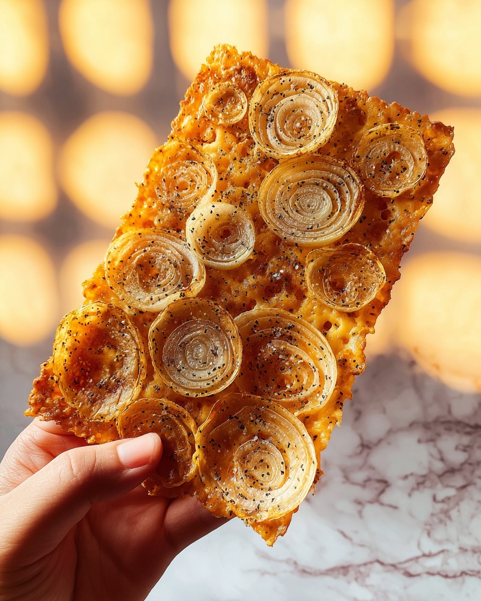 A rectangular crispy snack held by a woman's hand shows two layers: the bottom layer is a crunchy, golden-brown cheese base with small holes and an uneven, lacy texture, while the top layer has nine evenly spaced, translucent onion rings sprinkled with black pepper and coarse salt. The background features a softly blurred warm light grid with a white marbled surface below. Photo taken with an iphone --ar 4:5 --v 7