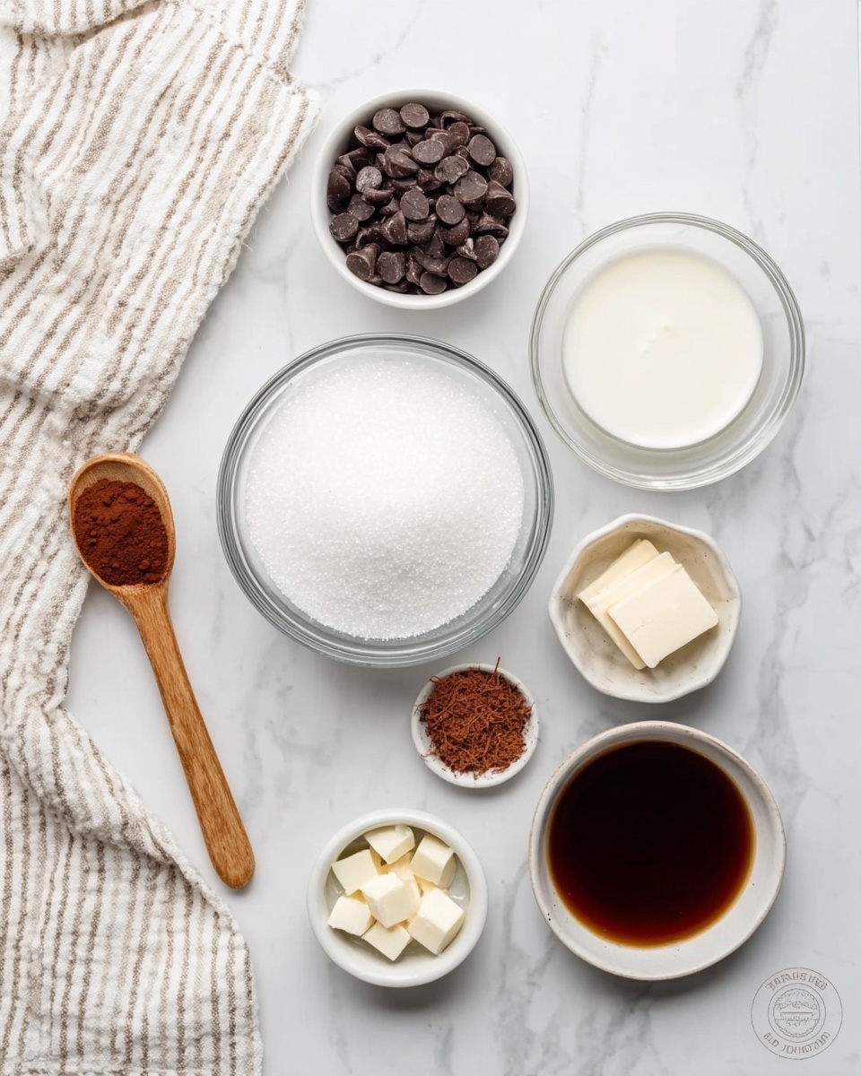 The image shows a white marbled surface with several clear glass bowls and white bowls arranged neatly, containing different ingredients. One bowl is filled with white granulated sugar, another with cream, and a small white bowl holds chocolate chips. There is also a wooden spoon with brown powder, a small white bowl with a dark liquid, a small bowl with white solid chunks, and a striped white and beige cloth is placed on the left side of the frame. The setting is clean and bright, showcasing the ingredients for baking. Photo taken with an iphone --ar 4:5 --v 7