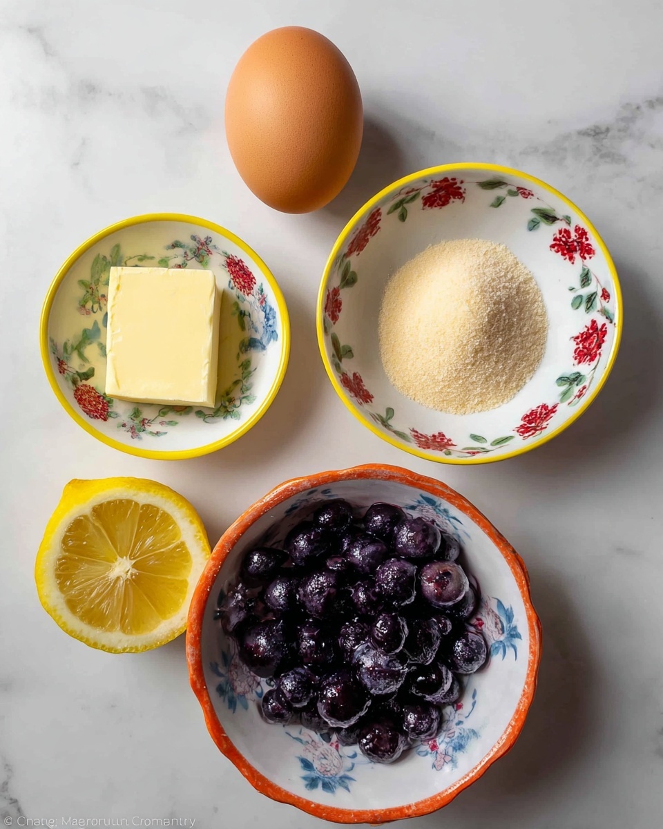 The image shows five ingredients placed on a white marbled surface: an egg with a smooth light brown shell at the top center, a half lemon with a bright yellow flesh and rind on the bottom left, a small piece of pale yellow butter in a white bowl with a yellow rim at the bottom right, a small mound of light brown sugar in a white bowl decorated with red flowers and green leaves on the left, and a white bowl with an orange rim filled with dark purple frozen blueberries on the right. The colors are vibrant and the bowls have fine detailed patterns. photo taken with an iphone --ar 4:5 --v 7