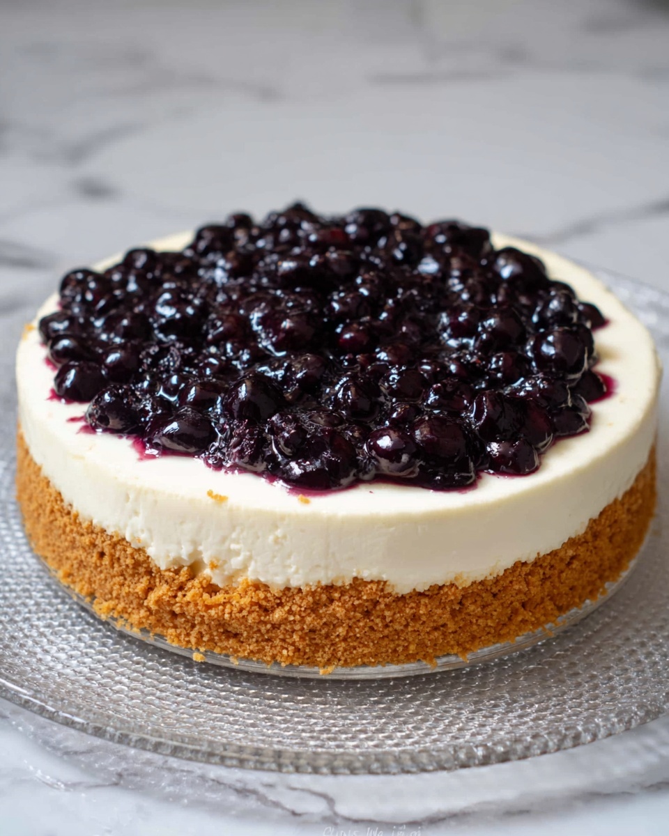The image shows a round dessert with three clear layers. The bottom layer is thick and crumbly, golden brown in color, forming a sturdy crust. The middle layer is creamy white, smooth, and spread evenly over the crust. The top layer is a glossy, deep purple-blue topping made of whole berries, slightly shiny and piled gently in the center. The dessert is placed on a clear textured plate, sitting on a white marbled surface. The edges of the crust stand tall enough to hold the creamy and berry layers inside. Photo taken with an iphone --ar 4:5 --v 7