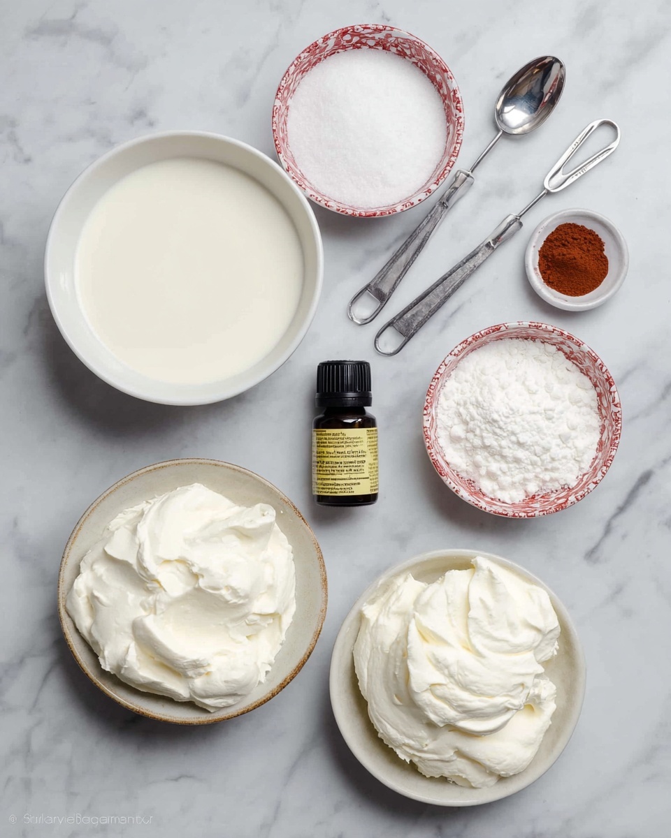 The image shows six small white bowls and measuring spoons arranged on a white marbled surface. The largest bowl holds a smooth, creamy white liquid. Two medium bowls contain thick, fluffy white whipped creams with soft, uneven textures. One small bowl is filled with fine white granulated sugar, while another small bowl contains white powdered sugar with a slightly uneven surface. The last small bowl holds a reddish-brown powder. In the center, there is a small dark brown bottle with a yellow label. The measuring spoons are metallic and placed near the top left corner. Photo taken with an iphone --ar 4:5 --v 7