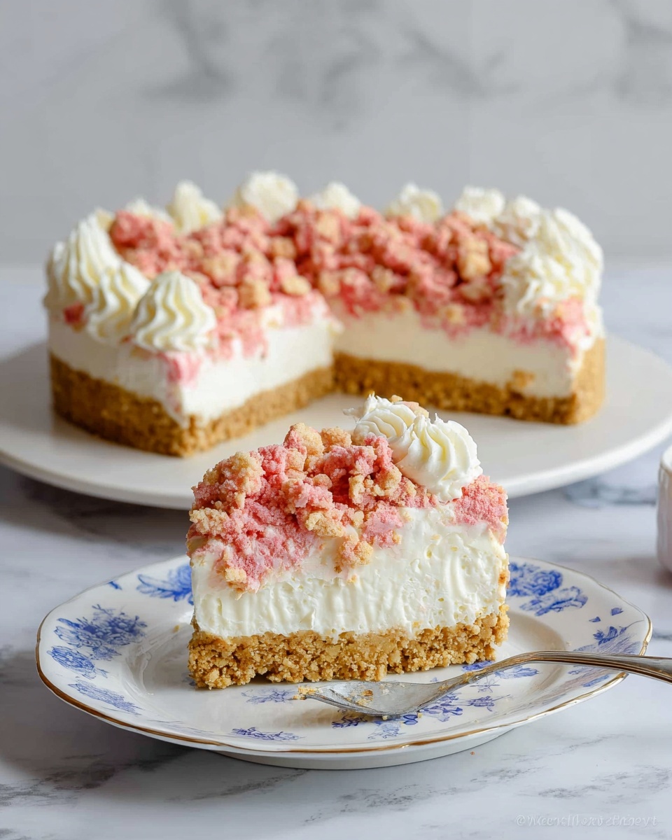 The image shows a layered dessert with three main layers on a white plate against a white marbled surface. The bottom layer is a thick, crumbly, light golden crust. The middle layer is a thick, smooth, creamy white filling that looks soft and fluffy. The top layer consists of a rough texture of pink crispy bits spread evenly, with small white dollops of cream piped around the edges. One slice of the dessert with all three layers is placed on a small white plate with a blue floral pattern in front of the larger plate. A woman's hand with a small silver spatula is near the plate. Photo taken with an iphone --ar 4:5 --v 7