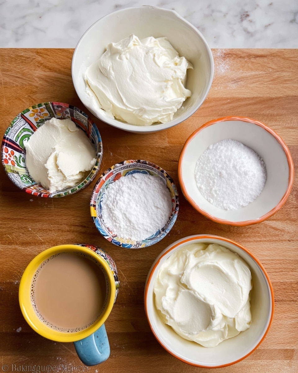 The image shows six small bowls with different ingredients placed on a wooden surface. At the top center, there is a white bowl filled with white soft cream cheese. To the right, a small white bowl with an orange rim is filled with white powdered sugar. Below it, a small bowl with a colorful pattern holds a thick, white whipped cream. In the center, a small bowl with a yellow rim contains fine white granulated sugar. At the bottom left, a colorful cup filled with smooth cream stands out. Next to it on the left side, another small bowl with a colorful pattern holds a light brown liquid, possibly coffee or a syrup. The background is a white marbled texture. Photo taken with an iphone --ar 4:5 --v 7