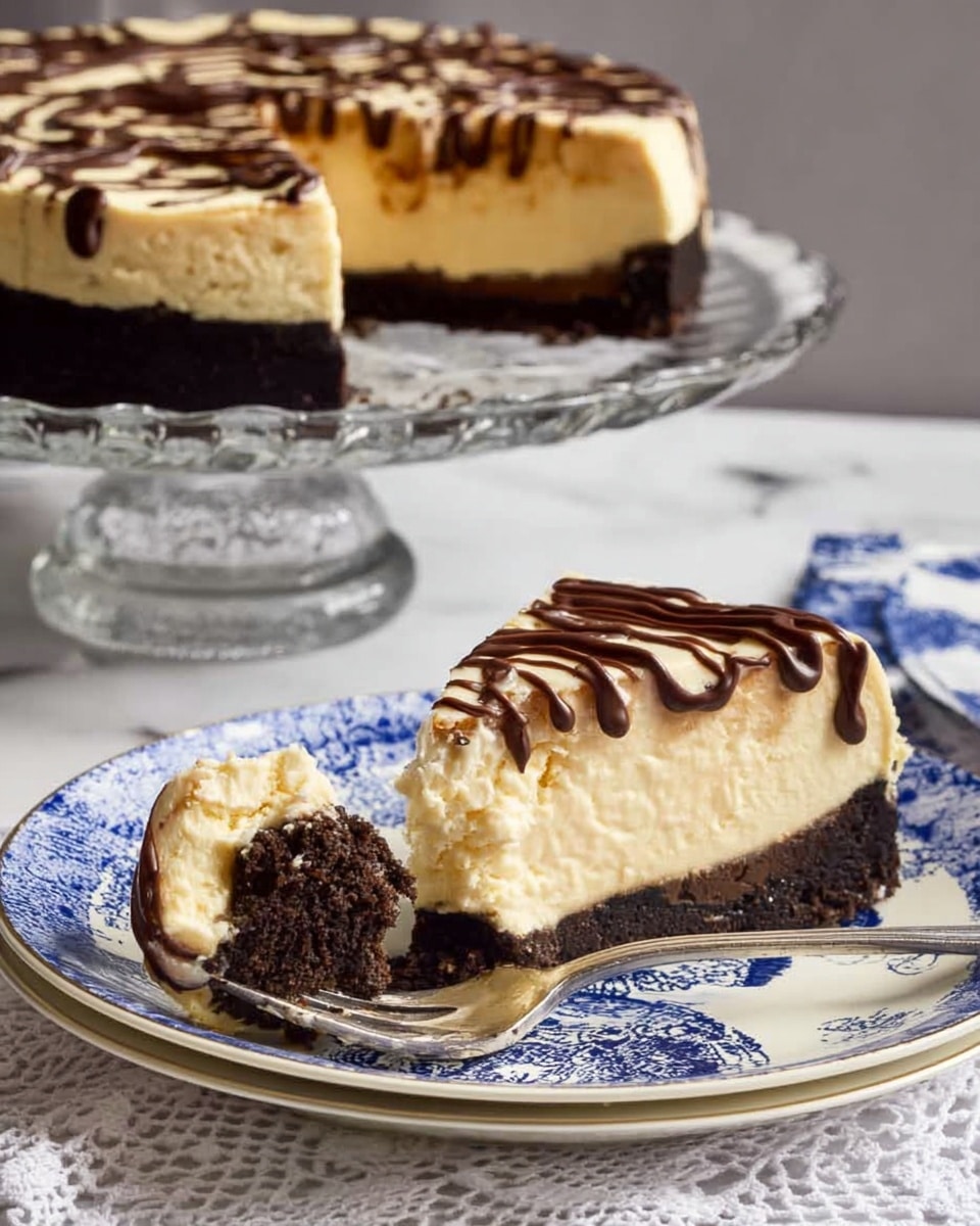 A thick slice of cheesecake sits on a white plate with blue patterns, showing three clear layers: a dark brown crumbly crust at the bottom, a thick creamy pale yellow middle, and a light topping layer with dark brown chocolate drizzled on top in loose swirls. Next to the slice is a silver fork holding a chunk of the cheesecake with a bit of each layer visible. In the background, the rest of the cheesecake is displayed on a clear glass cake stand, showing the same layered structure and chocolate drizzle on top. The surface underneath is a white marbled texture with a lace cloth partially showing. photo taken with an iphone --ar 4:5 --v 7