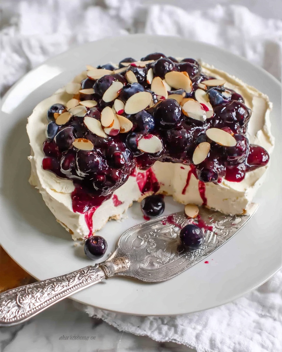 A white plate holds a dessert with three layers: the bottom layer is a thick, creamy white base with a smooth texture spread evenly, the middle layer is a dark purple berry sauce with small whole blueberries mixed in, and the top layer is scattered almond slices adding a light beige color and slight texture contrast. A silver serving spatula with an intricate design rests partly in the dessert, showing a little of the berry sauce and cream. The plate is on a white marbled surface, with a white cloth partially seen in the background. Photo taken with an iphone --ar 4:5 --v 7