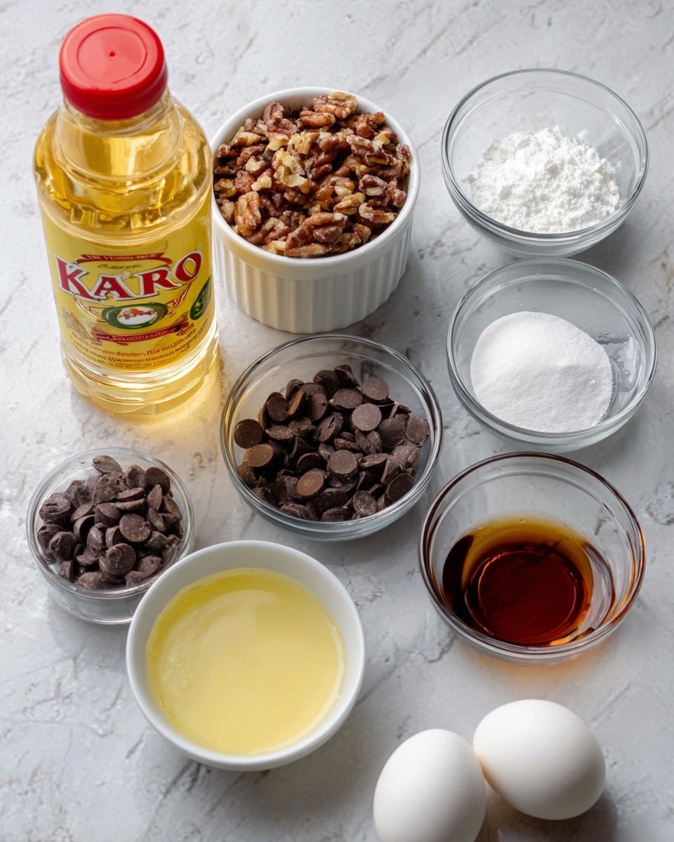 The image shows a white marbled surface with baking ingredients arranged neatly. At the back left, there is a clear plastic bottle of golden syrup with a yellow label. In front of it, a white cup filled with chopped brown nuts is placed. On the right side, there are two clear glass containers, one filled with white sugar and the other with a brown liquid vanilla extract. In the middle, there is a small clear glass bowl full of dark chocolate chips. Two white eggs lie on the surface near the cups. A small white bowl in the front holds melted butter with a yellow tint. The whole setup looks clean and simple, ready for baking. photo taken with an iphone --ar 4:5 --v 7