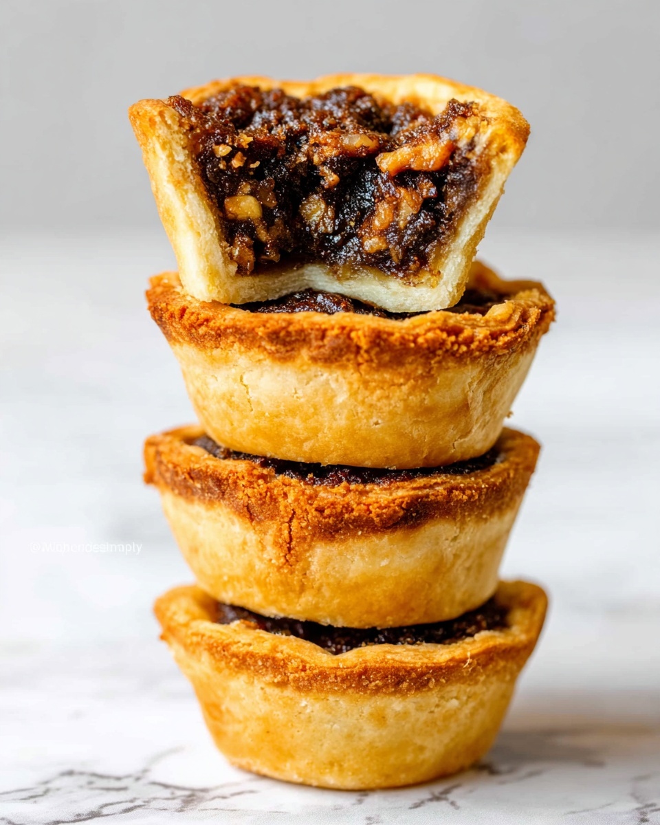 The image shows a stack of four mini pies placed on a white marbled surface. Each pie has a golden-brown crust with a slightly crisp texture and is filled with a dark, rich filling that looks chunky and textured, likely with nuts or similar bits inside. The bottom three pies are stacked directly on top of each other, while the top pie is half raised, showing the filling inside with a visible crunchy, moist filling layer. The crust edges are uneven, slightly cracked, and firm. The background is clean and simple, making the pies stand out. Photo taken with an iphone --ar 4:5 --v 7