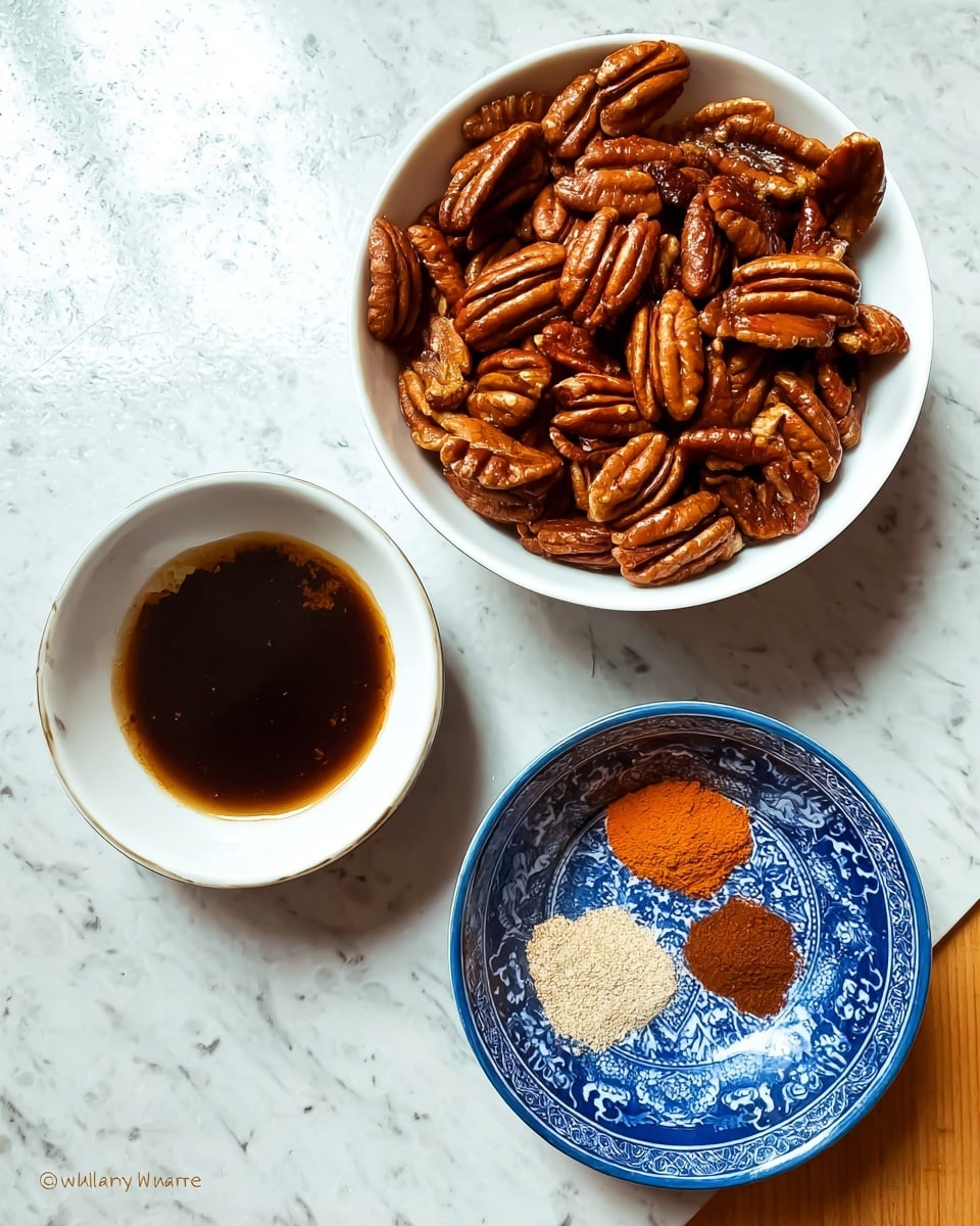 The image shows three small white bowls placed on a white marbled surface. The largest bowl is filled with whole pecan nuts that have a shiny, textured brown shell and are piled high. To the left, a smaller white bowl contains a dark brown liquid with a glossy surface, creating a smooth and reflective layer. Below, there is another white bowl with blue patterns holding four different spices arranged in separate small piles: a large light brown powder, a smaller burnt orange powder, a white powder, and a smaller pile of a darker brown powder, each showing fine, powdery textures. photo taken with an iphone --ar 4:5 --v 7
