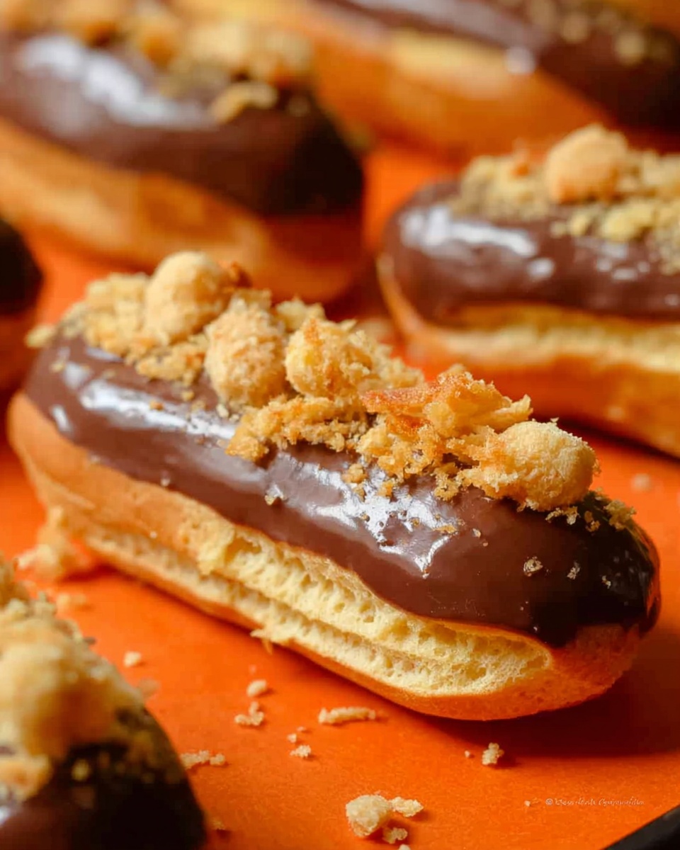 The image shows a close-up of an éclair with three layers visible: a light golden-brown pastry at the bottom that looks soft and slightly crumbly, a thick layer of shiny dark chocolate glaze covering the top surface, and a sprinkling of crispy, light tan crunchy bits unevenly spread over the chocolate. The éclair sits on an orange surface with more éclairs blurred in the background, all topped similarly. The lighting highlights the glossy chocolate and the texture of the crunchy topping well. photo taken with an iphone --ar 4:5 --v 7