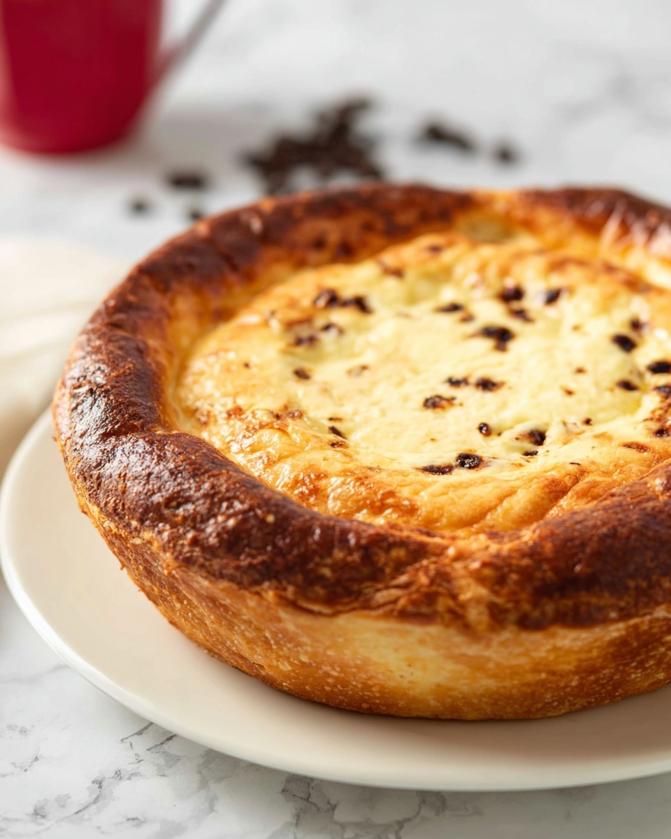 A thick round pie with a golden brown crust that is puffed and slightly cracked around the edges, showing a soft, cream-colored filling with small dark spots spread evenly across the top layer. The crust is darker and crispy on the outside, while the center filling looks smooth and creamy, set just below the top edge of the crust. The pie is placed on a plain white plate, and the background is a white marbled texture with a blurred red object and some scattered dark coffee beans in the distance. Photo taken with an iphone --ar 4:5 --v 7