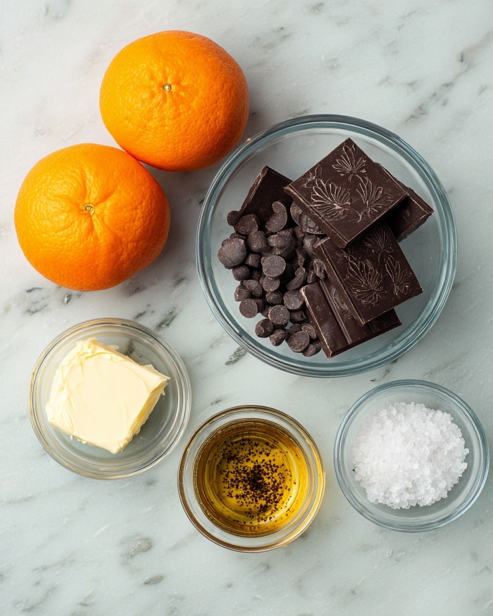 The image shows a top-down view of ingredients arranged on a white marbled surface. On the left side, two bright orange whole oranges are placed one above the other. To the right, there is a clear glass bowl filled with small dark chocolate chips and four broken pieces of dark chocolate on top, each piece showing a textured pattern with simple leaf designs. Below the bowl are three small clear glass bowls: the one on the left holds a pale yellow butter, the middle one contains a golden liquid with small black flecks, likely vanilla or extract, and the one on the right is filled with coarse white salt crystals. Photo taken with an iphone --ar 4:5 --v 7