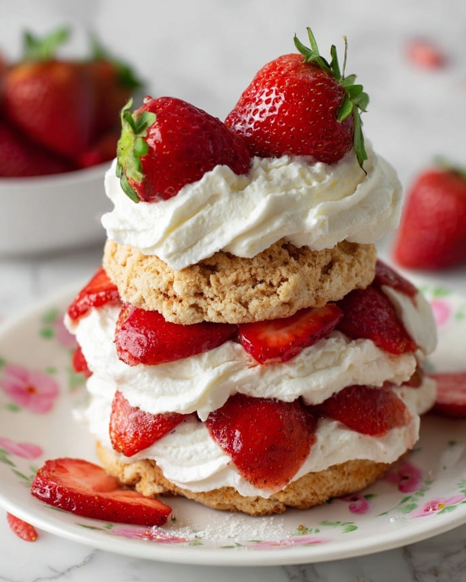 A tall strawberry shortcake with three layers stands on a white plate with small pink flowers. The bottom layer is a light brown biscuit with a rough texture. On top of it, there is a thick layer of white whipped cream and fresh red strawberry slices arranged around the edge. The middle layer is another biscuit, slightly smaller, topped with more white whipped cream swirled thickly. The top layer is the last biscuit, crowned with two whole strawberries and extra whipped cream swirled high between them. Some strawberry pieces are scattered around the plate. The background is a white marbled surface. Photo taken with an iphone --ar 4:5 --v 7
