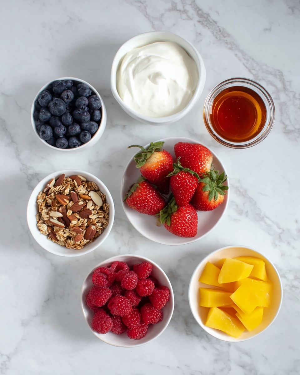 Seven white bowls and one brown bowl sit on a white marbled surface arranged loosely in a circle. The brown bowl on the top center holds thick, white yogurt with a soft texture. Below it to the left, a white bowl is full of dark blue blueberries with a smooth skin. To the right of that, a smaller white bowl contains a rich, amber-colored syrup that looks shiny and fresh. Below and slightly right, a white bowl is filled with bright red raspberries, soft and plump. A white plate in the center holds several bright red strawberries with green leaves, their surface shiny and slightly bumpy. On the lower left is a white bowl with granola showing clusters of oats and brown almonds. On the lower right, a white bowl contains bright yellow mango cubes that look juicy and smooth. The lighting is soft and natural, making the colors of the fruit and toppings stand out. photo taken with an iphone --ar 4:5 --v 7