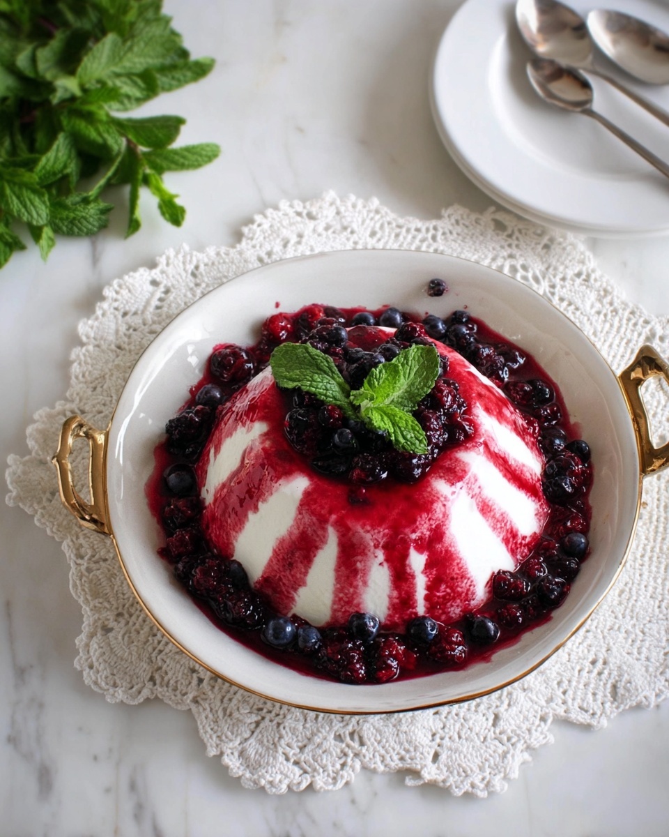 A round white plate with gold handles holds a dome-shaped dessert in the center, mostly white with bright red berry sauce drizzled on top creating a striped pattern. Around the base of the dome is a ring of mixed dark berries like blackberries and blueberries soaking in a red sauce. On top of the dome, there is a small pile of berries with a fresh green mint leaf garnish. The plate sits on a white marbled surface next to a bunch of green mint leaves and a white plate with two silver spoons resting on a white crocheted doily. Photo taken with an iphone --ar 4:5 --v 7