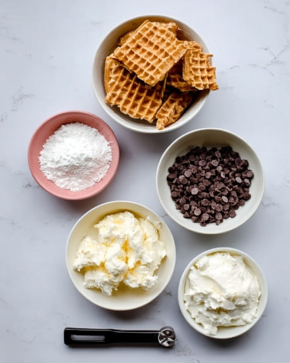 The image shows five white bowls arranged vertically on a white marbled surface, each containing different ingredients. At the top, a bowl filled with light brown waffle pieces with a crispy texture sits above four smaller bowls. The next bowl holds small, dark brown chocolate chips. Below that, a bowl with fluffy, white powdered sugar is placed. The fourth bowl contains white butter with a soft texture, and the last bowl has creamy white cottage cheese. Next to the bowls, a black measuring spoon with a long handle lies flat on the surface. photo taken with an iphone --ar 4:5 --v 7