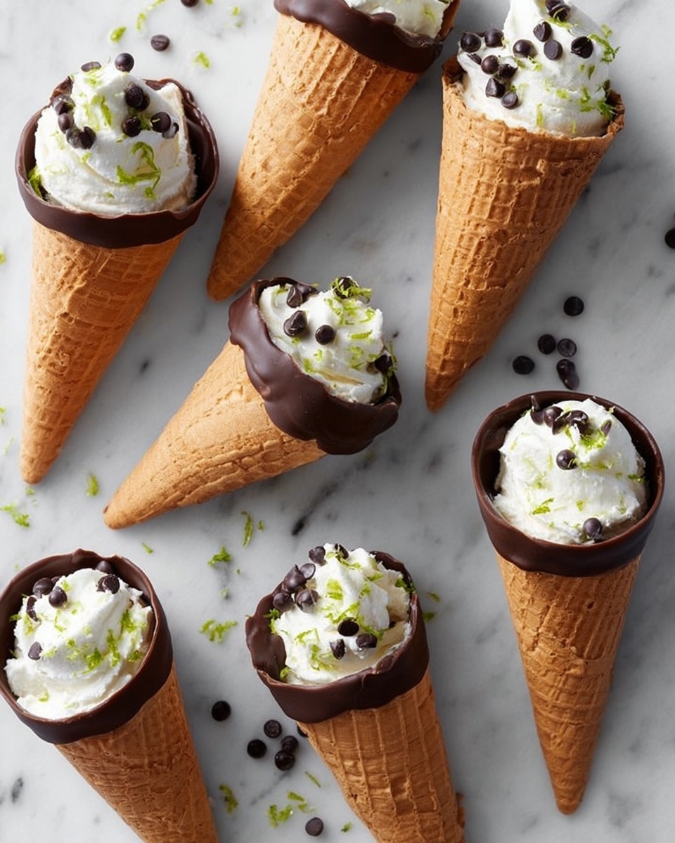 Seven waffle cones with a chocolate dip around the top edge are placed on a white marbled surface. Each cone is filled with white whipped cream, topped with small dark chocolate chips, and small green lime zest sprinkles. The cones are positioned at various angles, with some lying on their sides and others standing upright. A few loose chocolate chips and lime zest pieces are scattered on the surface around the cones. photo taken with an iphone --ar 4:5 --v 7