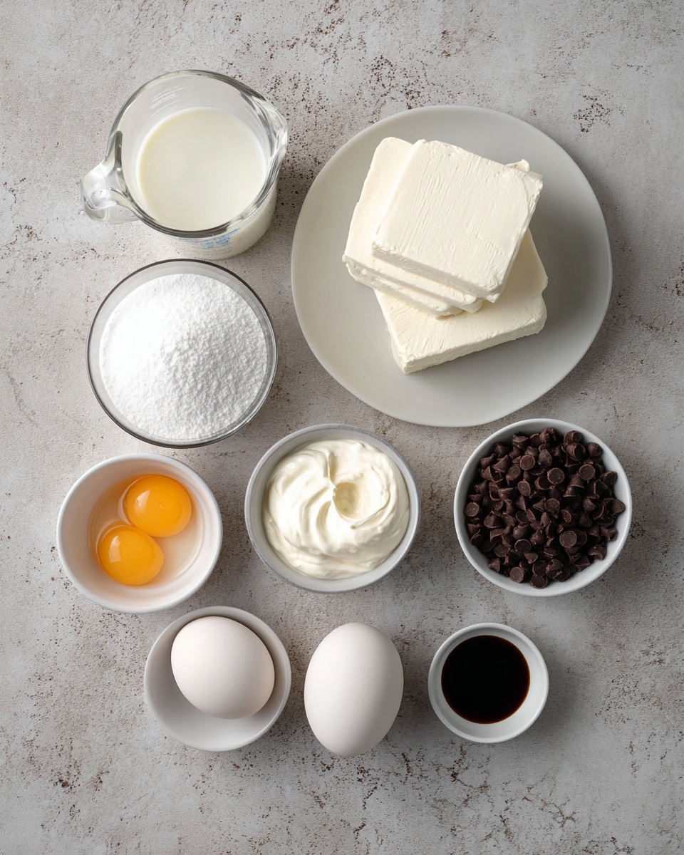 The image shows baking ingredients neatly arranged on a white marbled surface. There are four large white blocks of cream cheese stacked slightly unevenly on a white plate to the right. Above and to the left of this plate is a clear glass measuring cup filled with a white liquid. Below the measuring cup is a white bowl full of white granulated sugar. Below the sugar are two white eggs, and to their right is a small white bowl filled with thick white cream. At the bottom left, another small white bowl holds four egg yolks. To the right of the yolks is a white bowl filled with small dark chocolate chips. Just above the yolks is a tiny white bowl containing dark vanilla extract. The overall setup is clean and organized, with soft natural lighting. photo taken with an iphone --ar 4:5 --v 7