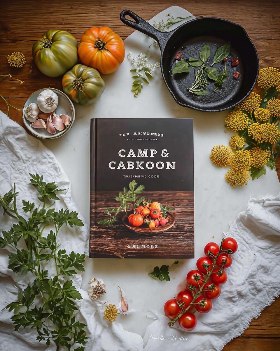 The image shows a wooden table with a cookbook in the center titled