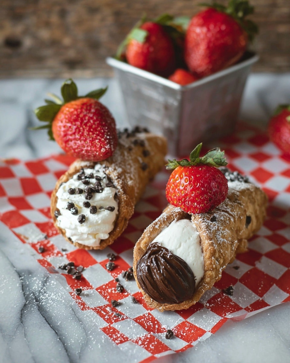 Two cannoli rest on white and red checkered paper on a white marbled surface. Each cannoli shell is golden brown and lightly dusted with powdered sugar and small black chocolate bits. One cannoli is filled on both ends with white whipped cream topped with chocolate bits. The other has white whipped cream on one end and a thick layer of dark chocolate cream smeared on top, holding two sliced strawberries standing upright. In the background, a small metal container filled with fresh red strawberries with green leaves is slightly out of focus. Photo taken with an iphone --ar 4:5 --v 7