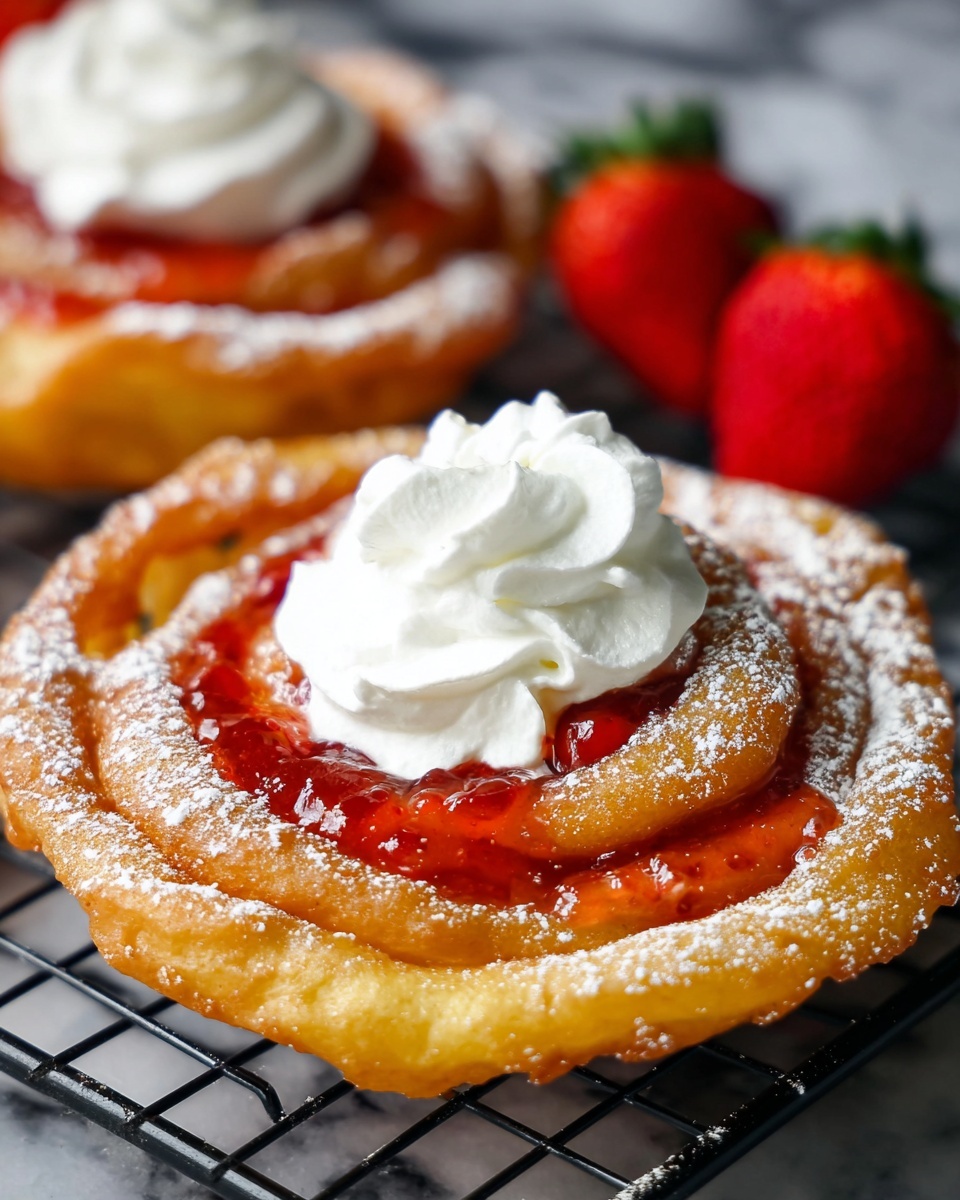 The image shows a golden-brown funnel cake with a thick spiral base that is crispy and dusted with white powdered sugar. On top of the funnel cake, there is a generous layer of red strawberry jam with a shiny, sticky texture. Above the jam, there is a fluffy swirl of white whipped cream that looks soft and light. Around the main funnel cake, there are whole fresh strawberries adding a bright red color to the scene. The funnel cake sits on a black cooling rack, placed over a white marbled surface. photo taken with an iphone --ar 4:5 --v 7