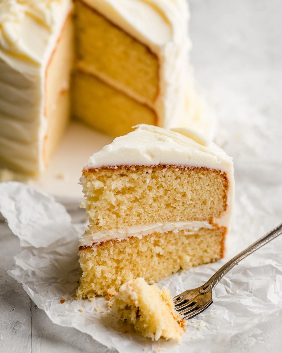 A close-up of a two-layer light yellow cake slice with creamy white frosting covering the top, sides, and between the layers. The cake looks soft and crumbly, with a smooth frosting layer on the outside. The slice sits on crumpled white paper on a white marbled surface. A small piece of the cake is broken off next to the slice, held by a silver fork resting in front. In the background, the rest of the cake is visible, also frosted with the same white cream. photo taken with an iphone --ar 4:5 --v 7