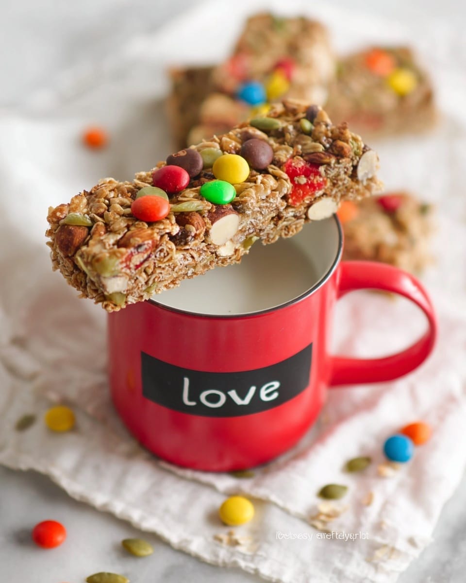 A granola bar with a rough texture on top, containing colorful candy pieces, pumpkin seeds, sliced almonds, and oats, rests across the rim of a red mug with the word