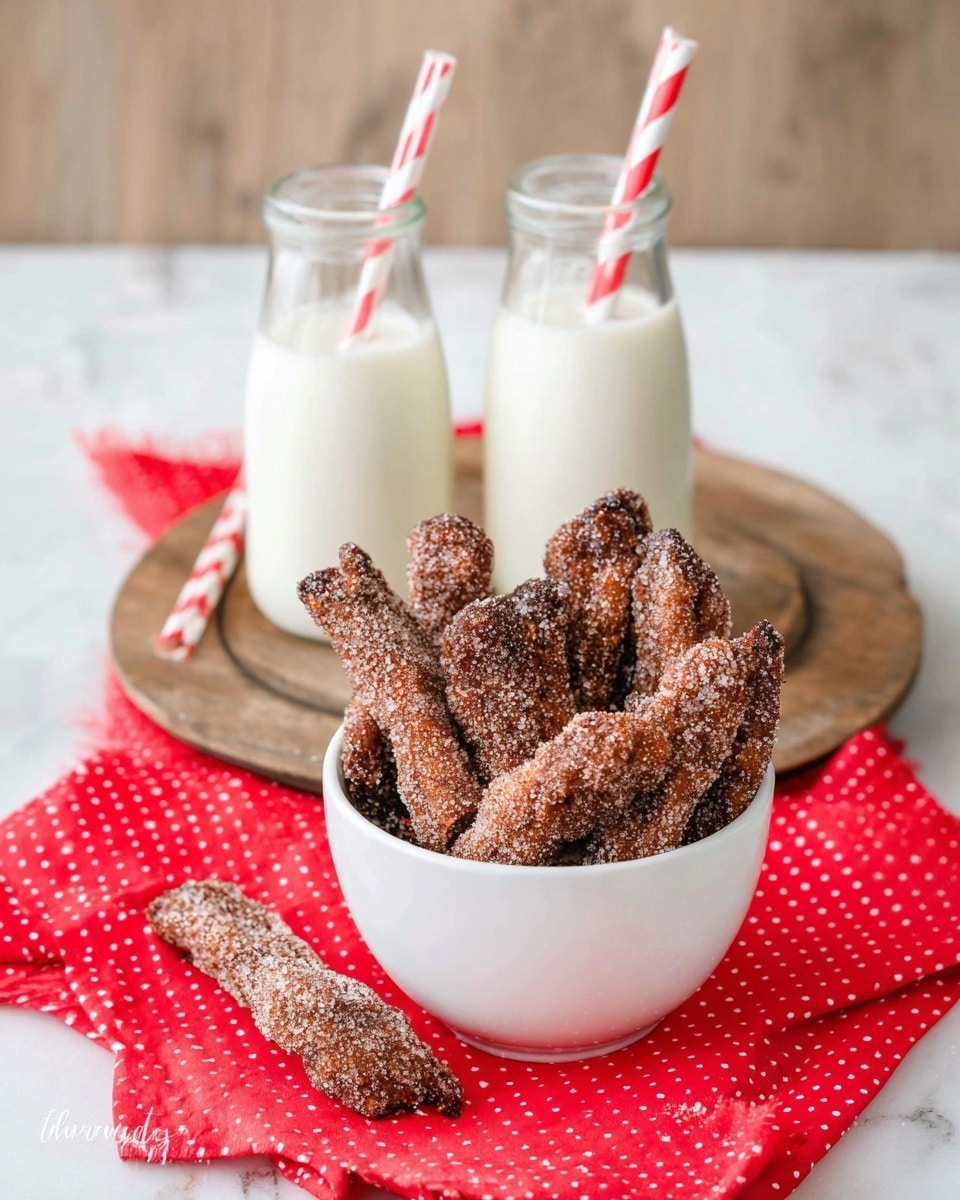 The image shows a white bowl filled with dark brown, sugar-coated sticks that have a rough, crunchy texture, standing upright and packed closely. One of the sticks is lying on a red cloth with white dots and is positioned in front of the bowl. Behind the bowl, there are two small clear glass bottles filled with white milk, placed on a round wooden board. Two red and white striped straws rest on the cloth near the bowl. The entire setup is on a white marbled surface, giving a clean and bright look. Photo taken with an iphone --ar 4:5 --v 7
