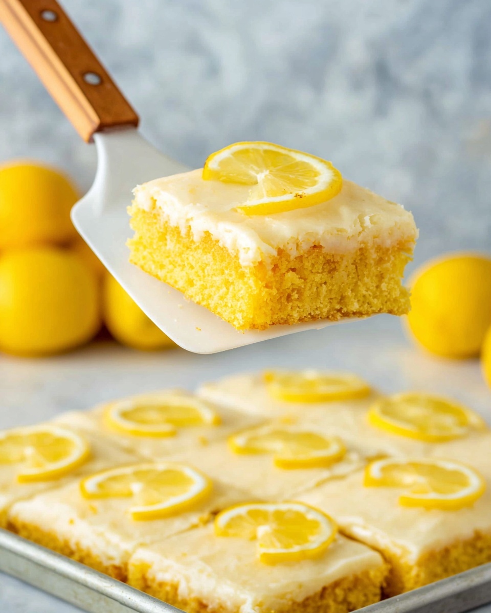 A square piece of bright yellow lemon cake with a smooth, light yellow frosting layer on top is being lifted by a white spatula with a brown wooden handle. A thin, curved slice of lemon sits on the frosting as decoration. Below, a tray of the same lemon cake is seen with multiple squares, each topped with a lemon piece. The background has a soft white marbled texture and whole yellow lemons are placed slightly out of focus. photo taken with an iphone --ar 4:5 --v 7