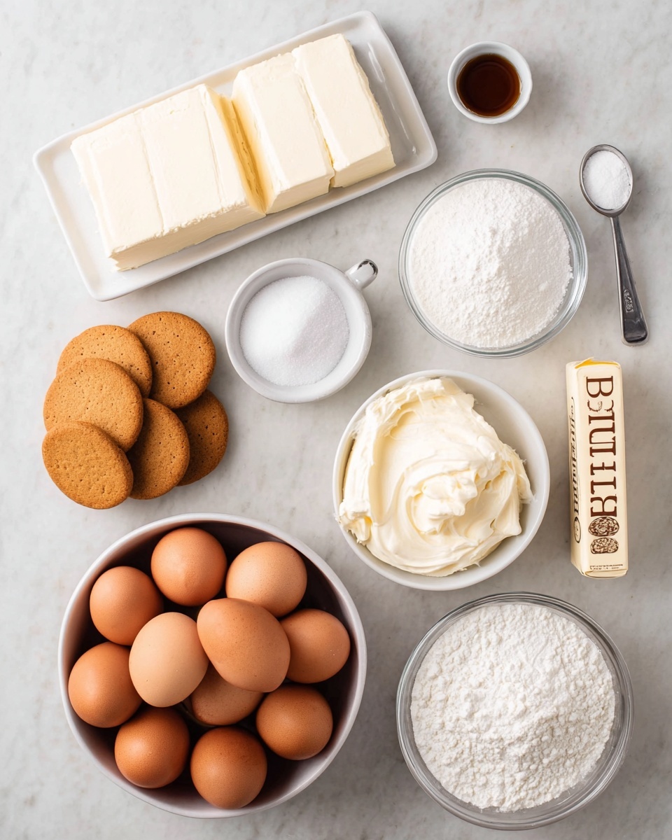 The image shows several ingredients on a white marbled surface arranged neatly. There are three thick blocks of cream cheese placed side by side on a white rectangular plate at the top left. Below that, there is a white carton holding six brown eggs with smooth shells. To the left, a large white bowl is full of round, golden-brown cookies stacked loosely. To the right of the eggs, there is a small metal measuring spoon with a little salt in it. Next to this spoon is a small white bowl filled with fine white sugar. Above that, a clear glass bowl contains a mound of white powdered sugar. To the upper right, a stick of butter with