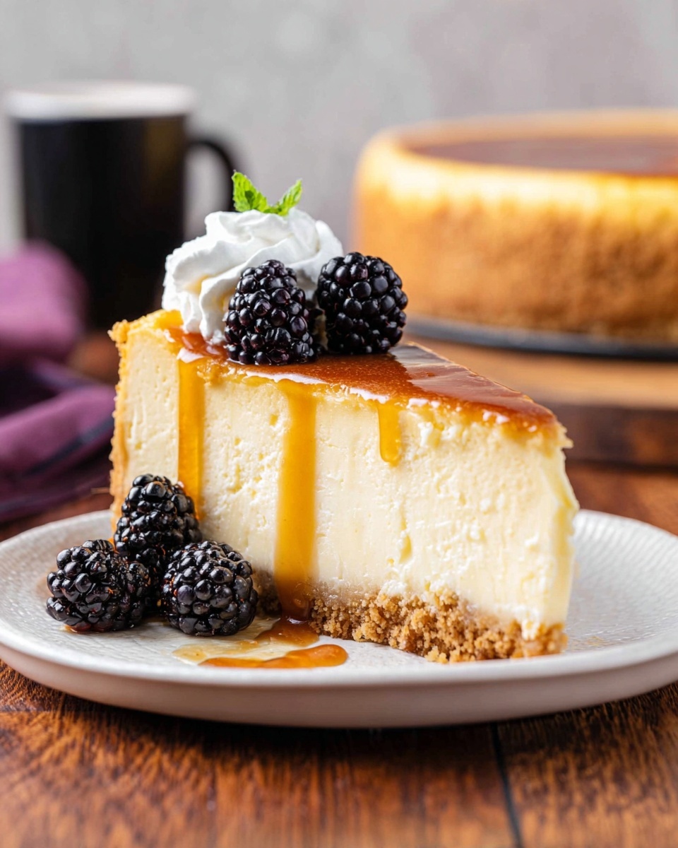 A thick slice of creamy, light yellow cheesecake with a crumbly brown crust at the bottom sits on a white plate. The top of the cheesecake is covered with a shiny caramel sauce that drips down the side. On top, there are three dark purple-black blackberries and a small dollop of white whipped cream. More blackberries are placed next to the cheesecake on the plate. The plate is on a wooden surface with a blurred whole cheesecake and a black cup in the background. Photo taken with an iphone --ar 4:5 --v 7