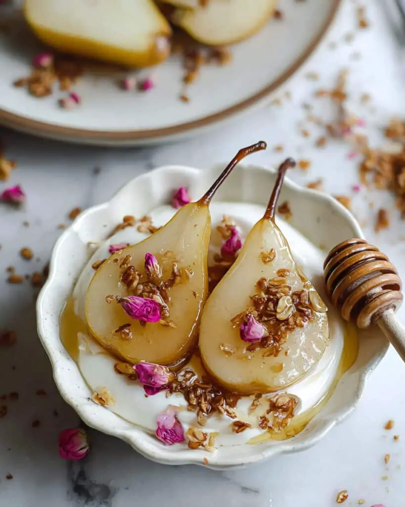 Vanilla Poached Pears with Yogurt and Aromatic Syrup Recipe