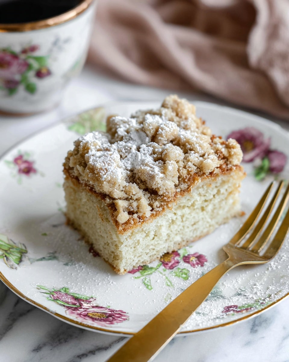 A square piece of crumb cake sits in the middle of a decorative white plate with gold trim, featuring pink, green, and purple floral patterns; the cake has two layers – a light, soft, yellowish base layer and a thick, rough textured golden-brown crumb topping dusted with white powdered sugar. A gold fork with a black handle rests on the right side of the plate on a white marbled surface. In the blurred background, a gray mortar and pestle and a dark glass container with a gold clasp are visible, alongside a soft white cloth. Photo taken with an iphone --ar 4:5 --v 7