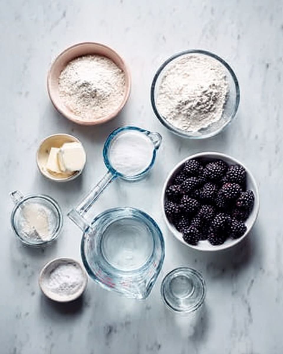 The image shows bowls and measuring cups with ingredients on a white marbled surface. There is a small bowl with white flour, a small glass bowl with a white creamy ingredient, a larger white bowl with white sugar, a measuring cup with clear water, another measuring cup with clear water in front, two small glass bowls with white powdery ingredients, and a white bowl filled with large blackberries. The bowls and cups are arranged neatly and the scene has soft light. photo taken with an iphone --ar 4:5 --v 7