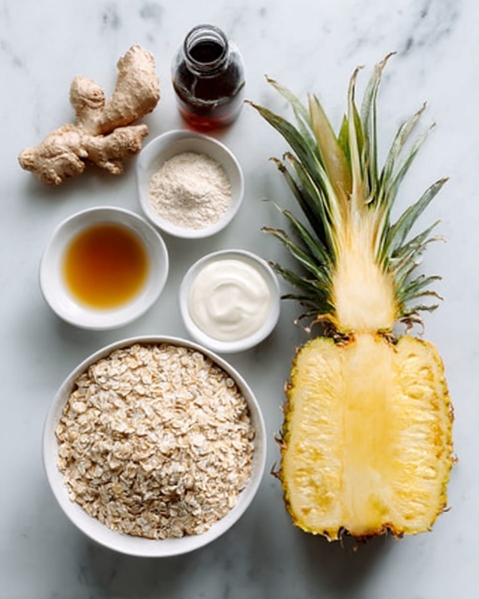 The image shows ingredients placed on a white marbled surface. There is a white bowl filled with light brown rolled oats near the bottom left. Above it and slightly to the right, a large pineapple half with a yellow and textured inside is positioned with its green and brown leafy top still attached. Around the pineapple and oats, there are small white bowls containing different powders and liquids: one bowl has a light beige powder, another has a thick white cream, and a smaller bowl holds a dark golden syrup. To the top left of the pineapple, there is a small glass bottle with dark brown liquid and beside it a fresh piece of ginger root with light brown skin and rough texture. The setup is clean and simple, highlighting the natural colors and textures of the ingredients. Photo taken with an iphone --ar 4:5 --v 7