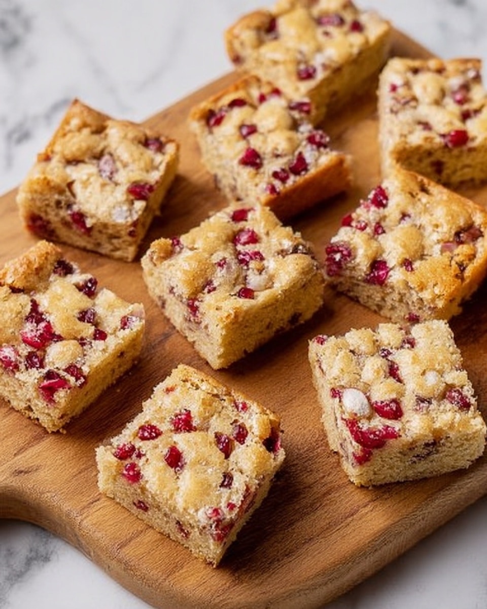 A wooden board on a white marbled surface holds multiple square pieces of a baked dessert with a golden-brown crust. Each piece shows a cracked texture on top with visible red and white small round fruit or nut-like bits spread throughout the light, slightly crispy layer. The dessert pieces are irregularly arranged on the board, some touching and some spaced slightly apart. Photo taken with an iphone --ar 4:5 --v 7