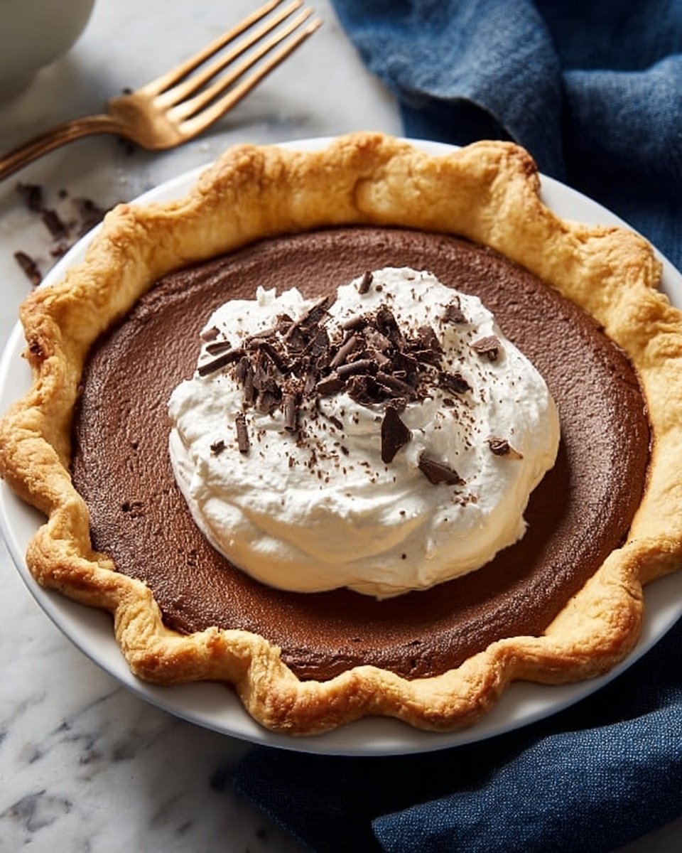 A round pie with a golden, crimped crust filled with a smooth, rich dark brown chocolate layer that looks firm but soft. On top of the chocolate layer, near the center, there is a dollop of white whipped cream with a few dark chocolate shavings sprinkled over it. The pie is placed on a white plate, sitting on a white marbled surface. A woman's hand is holding a fork nearby, with a dark blue cloth next to the plate. Photo taken with an iphone --ar 4:5 --v 7