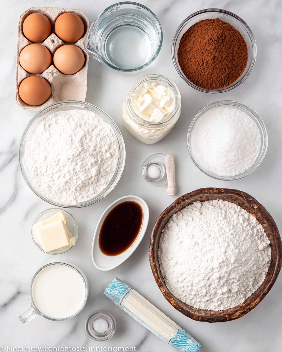 The image shows various baking ingredients laid out neatly on a white marbled surface. There are two eggs in a small cardboard carton at the top left, a clear glass measuring cup filled with water near the top center, and a small glass bowl with light brown cocoa powder at the top right. In the middle left, there is a large clear glass bowl filled with white powdered sugar, next to a small jar of white cream or butter. To the right of the jar is a small white oval dish holding dark brown vanilla extract. Below these, a rustic wooden bowl filled with white flour is placed near the center right. At the bottom left, a large clear glass bowl contains white granulated sugar. Near the bottom center, a small clear measuring cup holds some white milk. Finally, at the bottom right, there is a blue and white stick of butter. There are also two small white measuring spoons near the powdered sugar. photo taken with an iphone --ar 4:5 --v 7