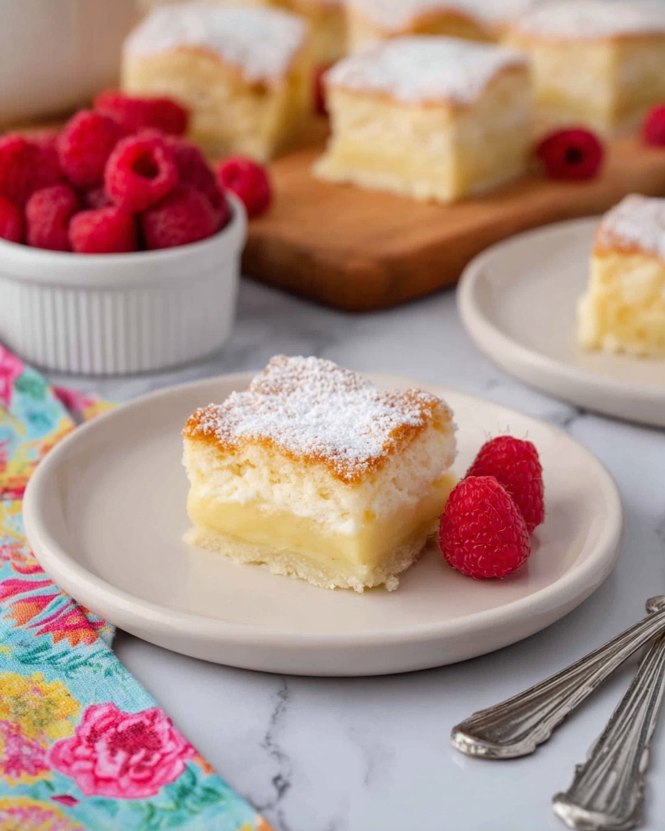 A white plate holds a three-layer square dessert with a light golden brown top layer sprinkled lightly with powdered sugar, a thick creamy middle layer in pale yellow, and a firm, slightly lighter yellow base layer. Next to the dessert are two fresh bright red raspberries. In the background, more squares of the dessert are seen on a white marbled surface, along with a small white bowl filled with raspberries, a colorful patterned cloth with two metal forks, and a string of light wooden beads. Photo taken with an iphone --ar 4:5 --v 7