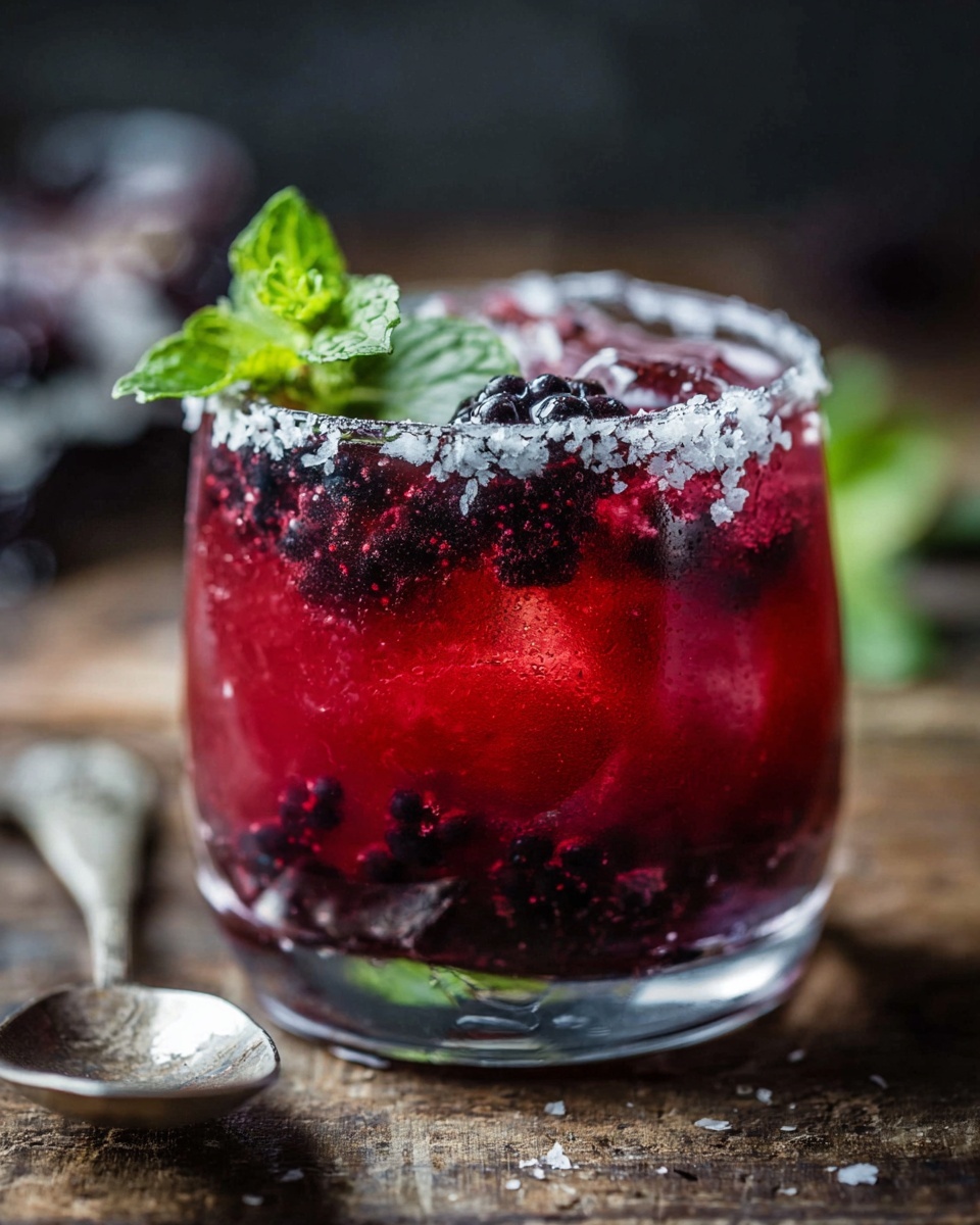 A short clear glass filled with a red drink containing crushed dark purple-black berries and large ice cubes inside, with a rim coated in coarse white sugar. On top, there is a bright green fresh mint sprig as garnish. The glass sits on a rustic wooden surface with a silver spoon nearby, and the background is dark and softly blurred. photo taken with an iphone --ar 4:5 --v 7
